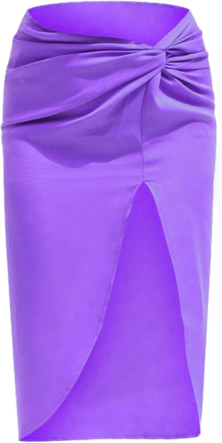 Pencil Skirt for Women Fashion Elegant Plain Satin Skirts Sexy Irregular Slit Skirt Silky Zip Up Bodycon Skirts