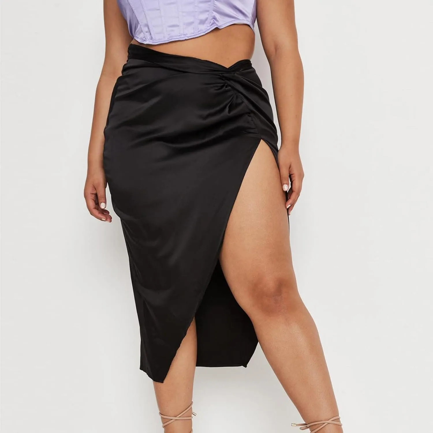 Pencil Skirt for Women Fashion Elegant Plain Satin Skirts Sexy Irregular Slit Skirt Silky Zip Up Bodycon Skirts