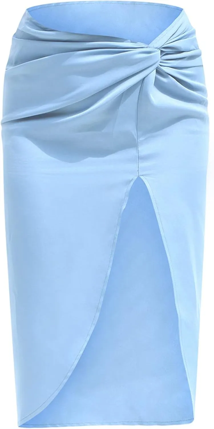 Pencil Skirt for Women Fashion Elegant Plain Satin Skirts Sexy Irregular Slit Skirt Silky Zip Up Bodycon Skirts