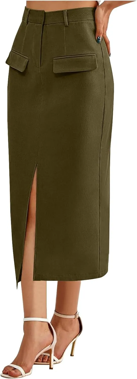 Pencil Skirt for Women Front Slit High Waist Skirts Business Casual Skirts Midi Bodycon Skirts for Office Wear Trendy