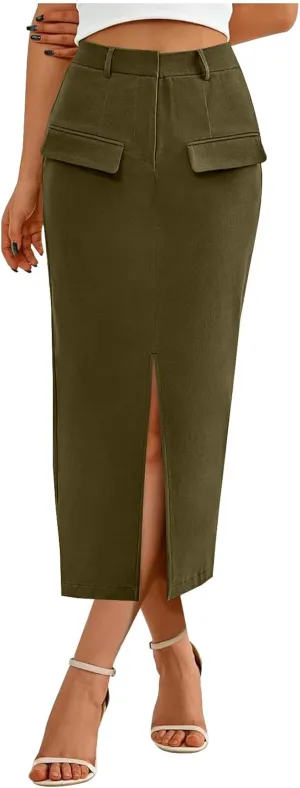 Pencil Skirt for Women Front Slit High Waist Skirts Business Casual Skirts Midi Bodycon Skirts for Office Wear Trendy