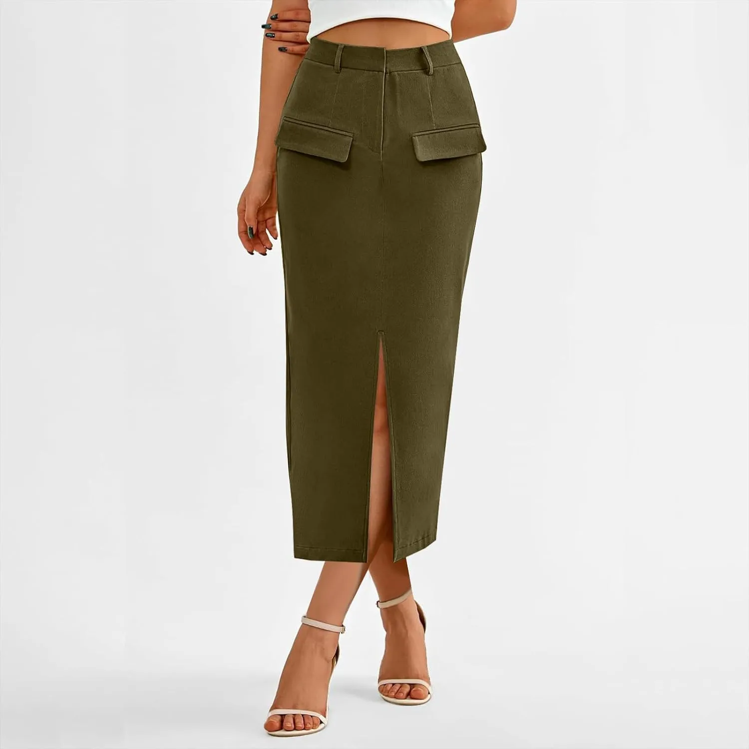 Pencil Skirt for Women Front Slit High Waist Skirts Business Casual Skirts Midi Bodycon Skirts for Office Wear Trendy