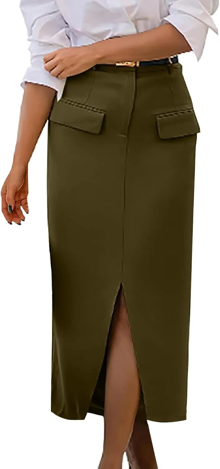 Pencil Skirt for Women Front Slit High Waist Skirts Business Casual Skirts Midi Bodycon Skirts for Office Wear Trendy