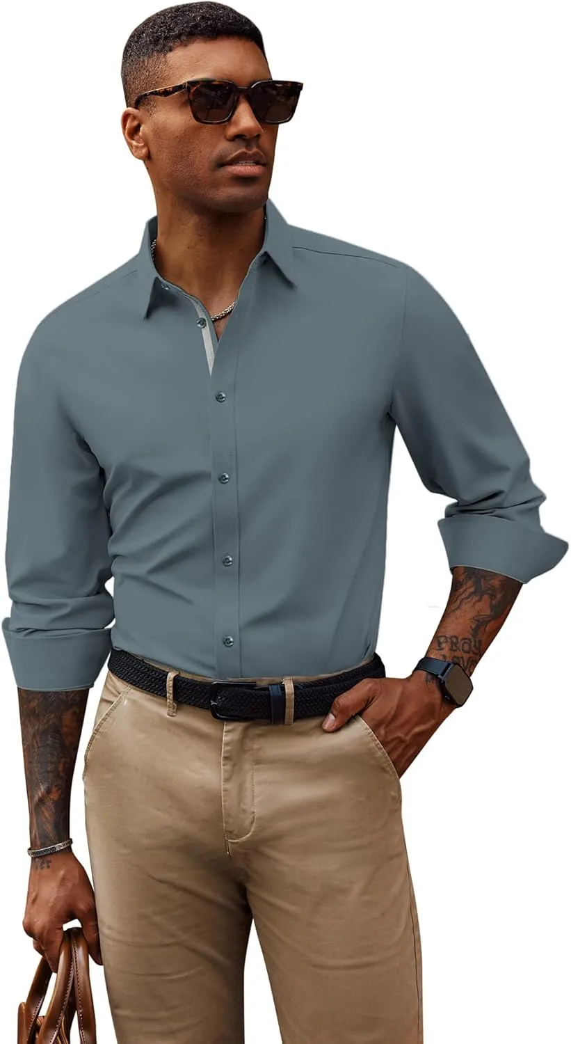 PJ PAUL JONES Mens Dress Shirts Wrinkle Free Stretch Button Down Shirt Casual Long Sleeve Business Shirts