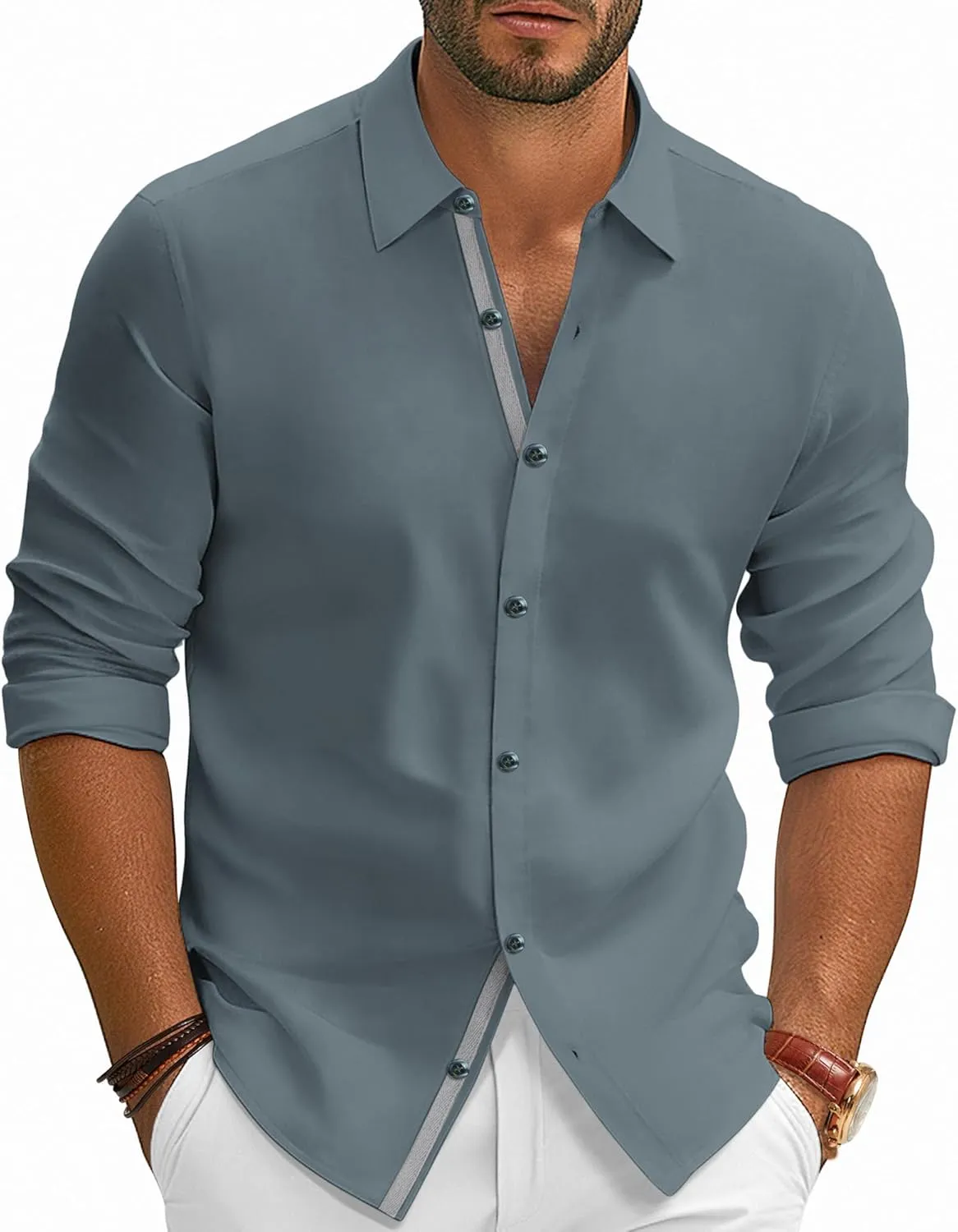PJ PAUL JONES Mens Dress Shirts Wrinkle Free Stretch Button Down Shirt Casual Long Sleeve Business Shirts
