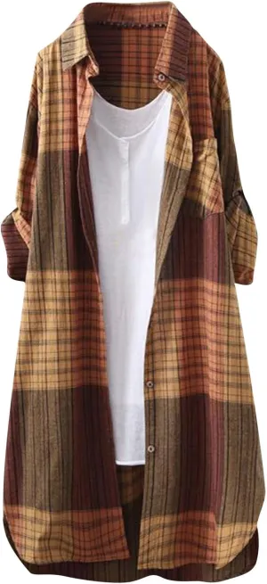Plaid Shirts for Women 2025 Fashion Oversized Long Button Up Blouses Summer Beach Cover Up
