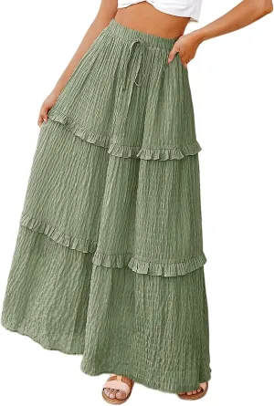 Pleated Long Skirts for Women Trendy Elastic High Waisted A-Line Flowy Swing Maxi Skirt Summer Comfy Tiered Skirt
