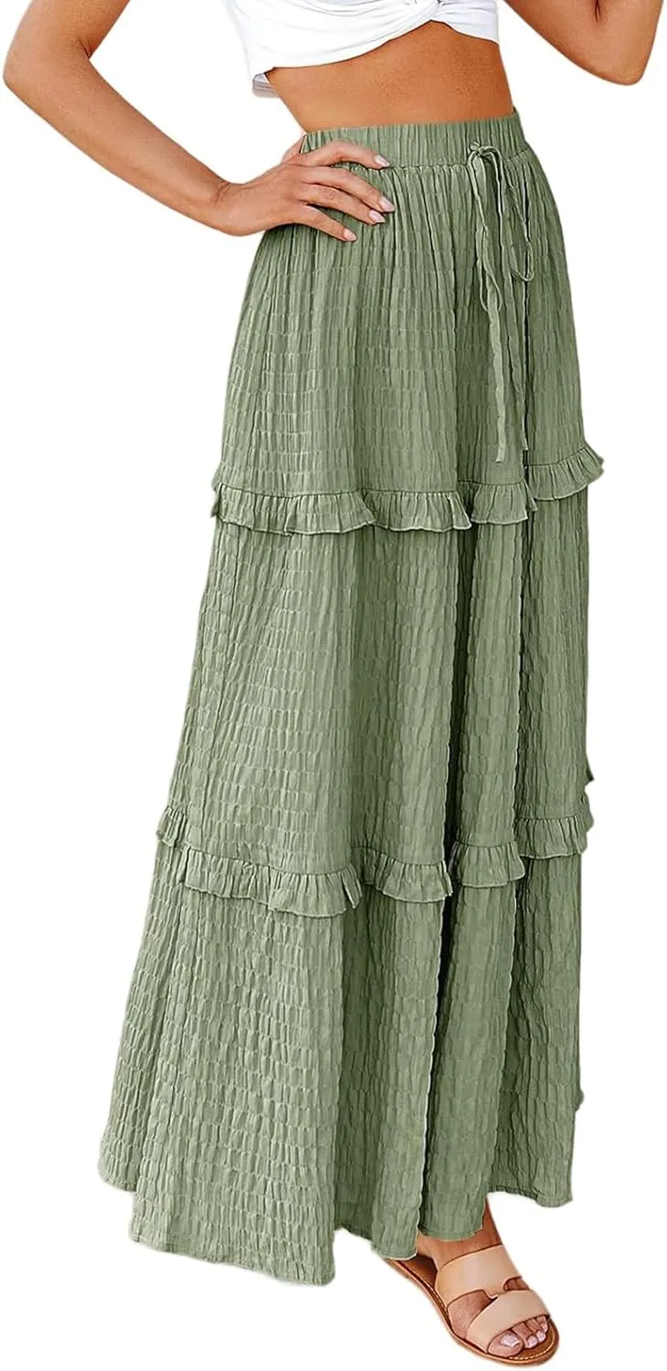 Pleated Long Skirts for Women Trendy Elastic High Waisted A-Line Flowy Swing Maxi Skirt Summer Comfy Tiered Skirt