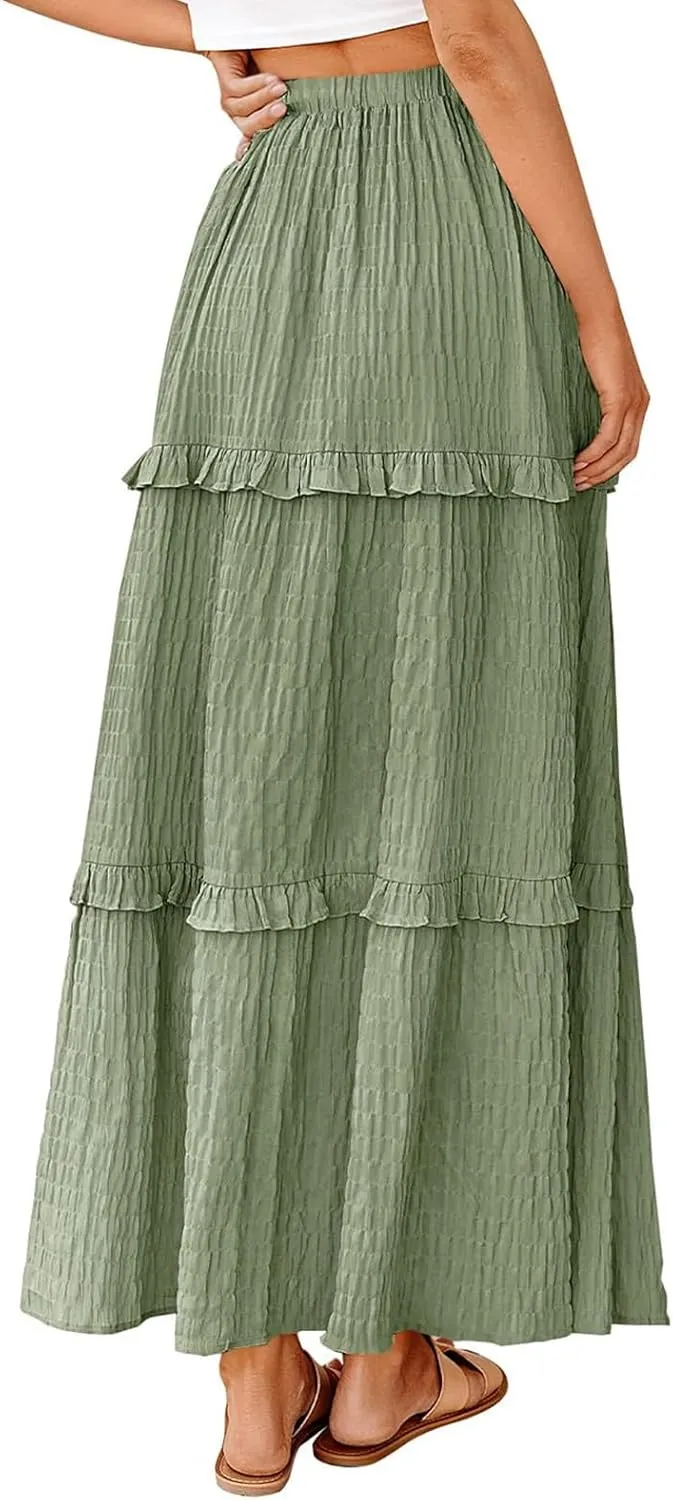 Pleated Long Skirts for Women Trendy Elastic High Waisted A-Line Flowy Swing Maxi Skirt Summer Comfy Tiered Skirt