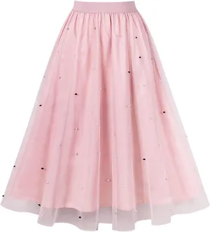 Pleated Skirts for Women Cute Elegant Stretch Waist Pleated Double Layer Party Midi Skirt Summer Causal Swing Skirt