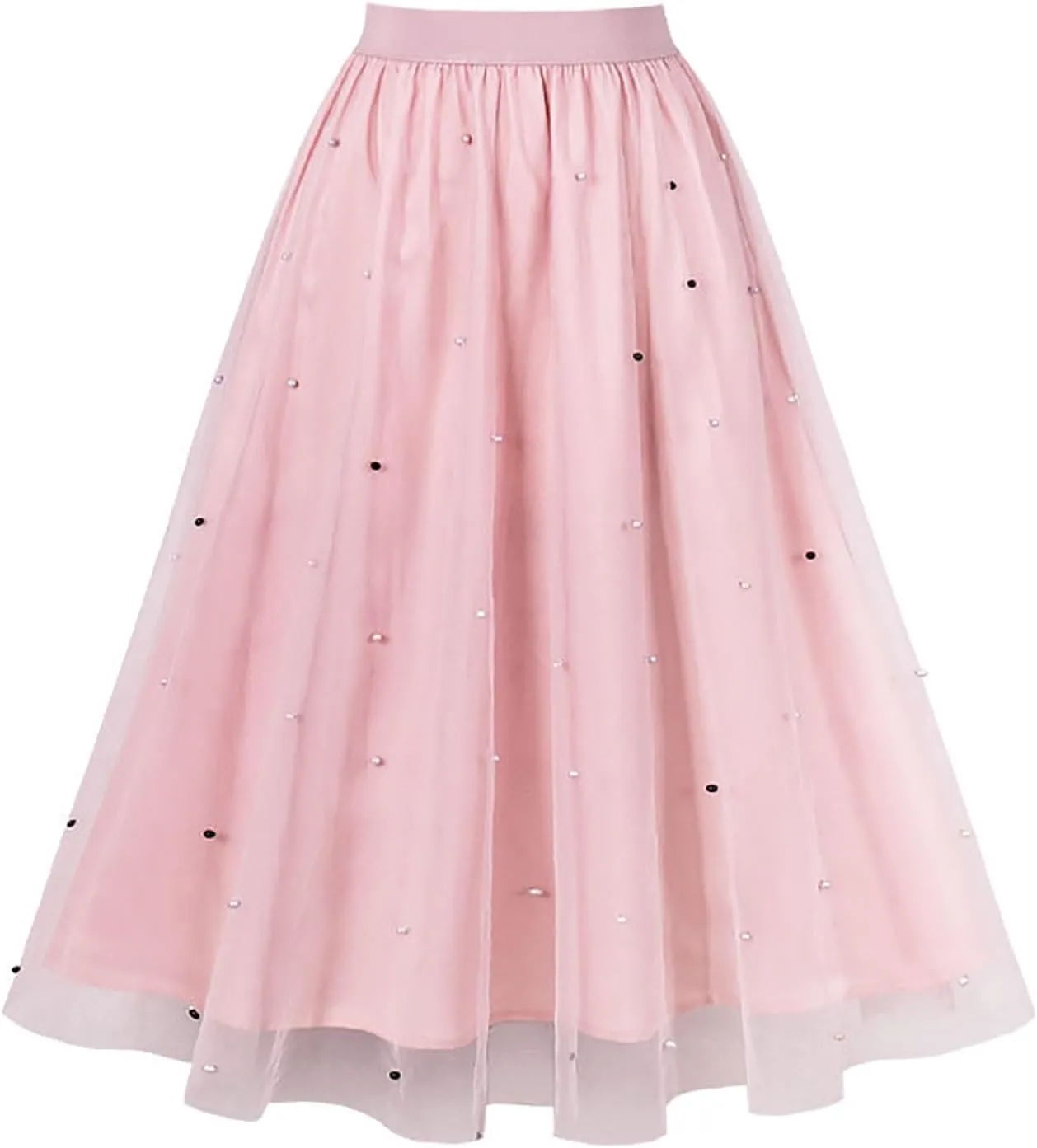 Pleated Skirts for Women Cute Elegant Stretch Waist Pleated Double Layer Party Midi Skirt Summer Causal Swing Skirt