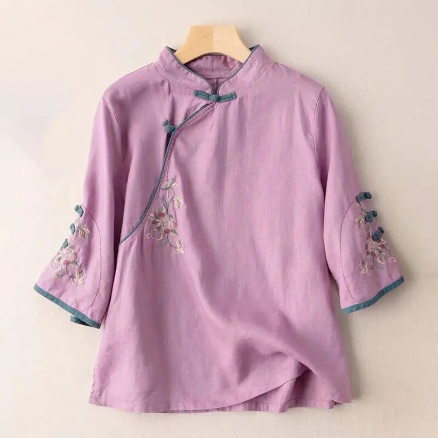 Plus Size Linen Tops Summer 3/4 Sleeve Chinese Frog Blouses Traditional Mandarin Embroidered Jacquard Shirts