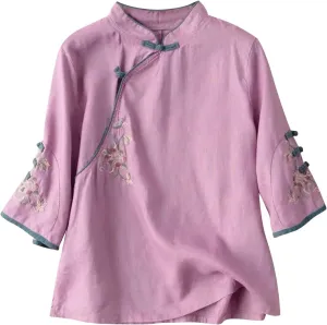 Plus Size Linen Tops Summer 3/4 Sleeve Chinese Frog Blouses Traditional Mandarin Embroidered Jacquard Shirts