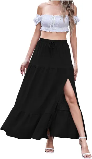 Plus Size Maxi Skirts for Women Summer Boho Flowy Tiered A-Line Skirt Casual Fashion Elastic Waist Pleated Dress