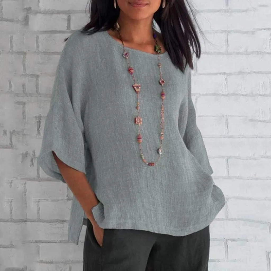Plus Size Summer Tops for Women Cotton Linen Crewneck Elbow Sleeve Tshirts Solid Color Loose Fitting Casual Blouse