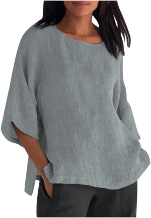 Plus Size Summer Tops for Women Cotton Linen Crewneck Elbow Sleeve Tshirts Solid Color Loose Fitting Casual Blouse
