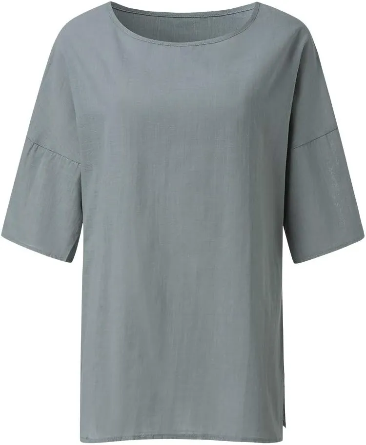Plus Size Summer Tops for Women Cotton Linen Crewneck Elbow Sleeve Tshirts Solid Color Loose Fitting Casual Blouse