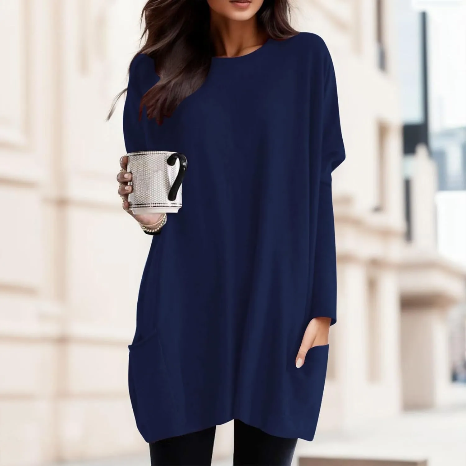 Plus Size T Shirts for Women Long Sleeve Round Neck Loose Fit Long T-Shirts with Two Side Pockets Spring Summer Tops