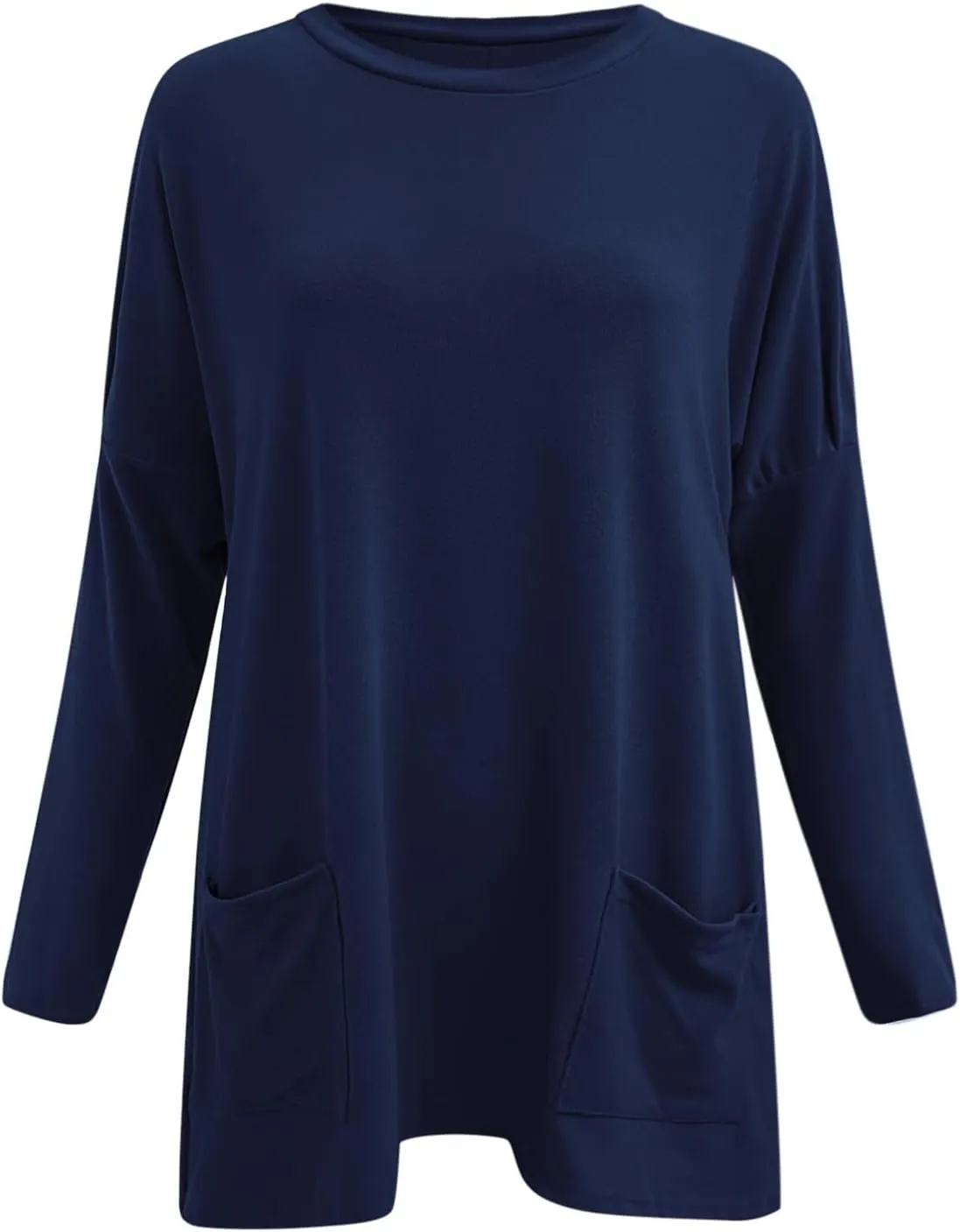 Plus Size T Shirts for Women Long Sleeve Round Neck Loose Fit Long T-Shirts with Two Side Pockets Spring Summer Tops