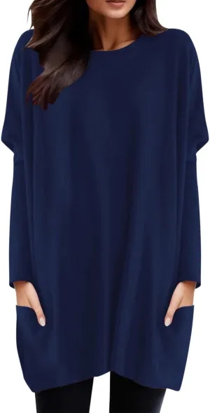 Plus Size T Shirts for Women Long Sleeve Round Neck Loose Fit Long T-Shirts with Two Side Pockets Spring Summer Tops