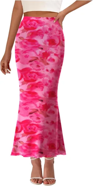 PRETTYGARDEN Women's Floral Print Mesh Long Skirt High Waisted Bodycon Fishtail Flowy Summer Maxi Skirts for Women Trendy