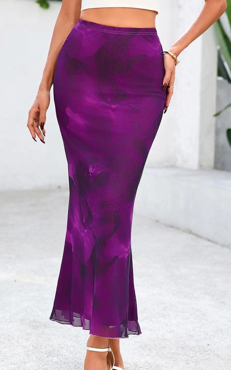 PRETTYGARDEN Women's Floral Print Mesh Long Skirt High Waisted Bodycon Fishtail Flowy Summer Maxi Skirts for Women Trendy