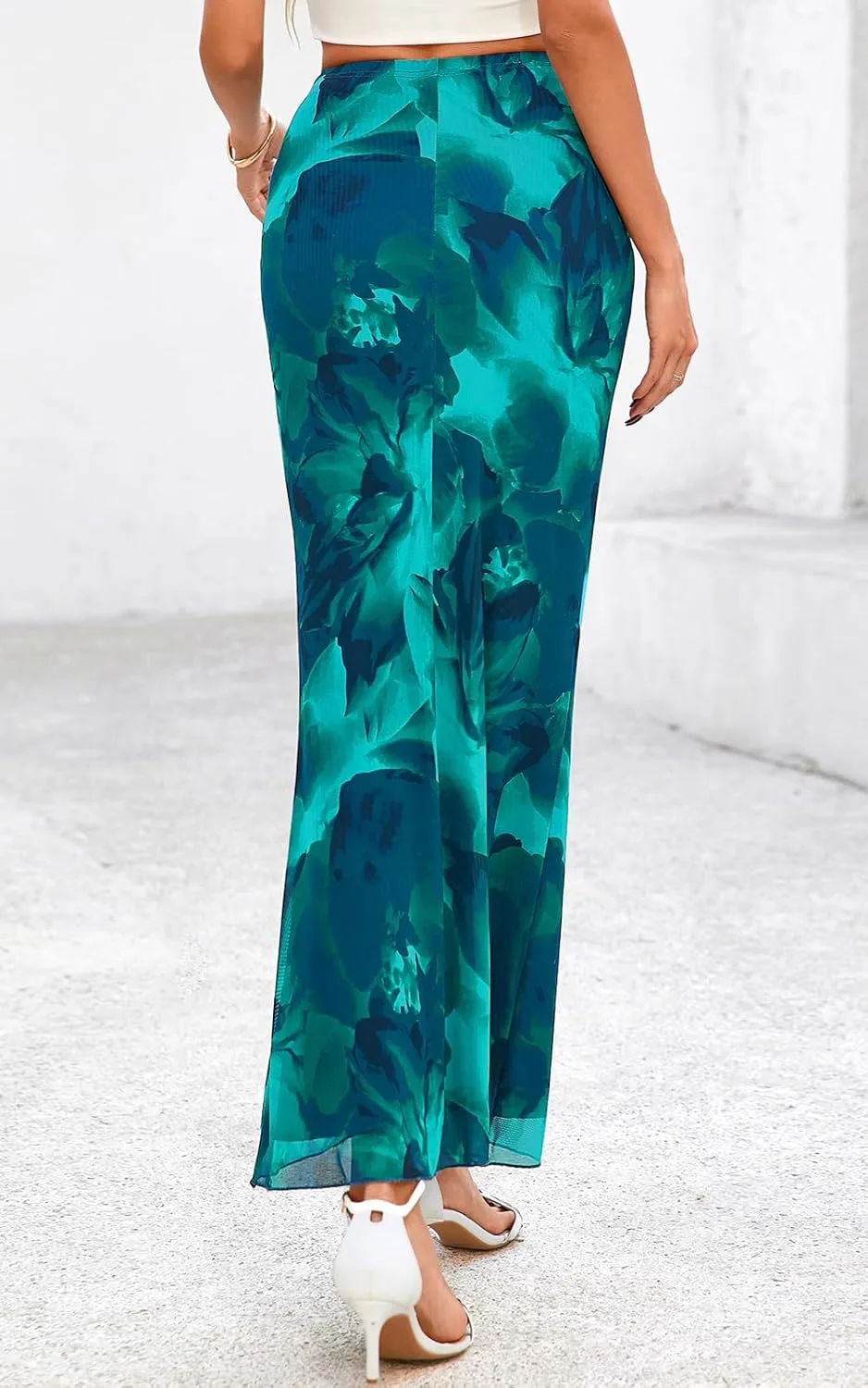 PRETTYGARDEN Women's Floral Print Mesh Long Skirt High Waisted Bodycon Fishtail Flowy Summer Maxi Skirts for Women Trendy
