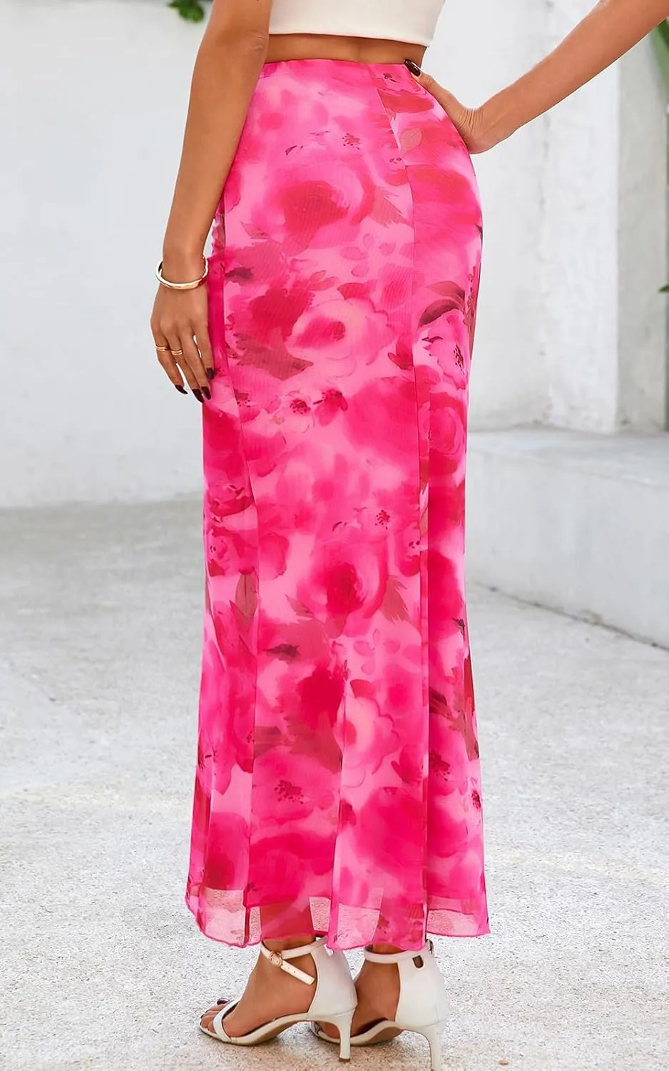 PRETTYGARDEN Women's Floral Print Mesh Long Skirt High Waisted Bodycon Fishtail Flowy Summer Maxi Skirts for Women Trendy