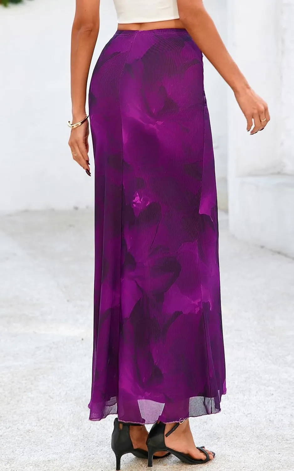 PRETTYGARDEN Women's Floral Print Mesh Long Skirt High Waisted Bodycon Fishtail Flowy Summer Maxi Skirts for Women Trendy