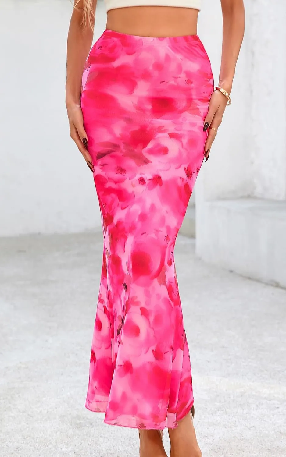PRETTYGARDEN Women's Floral Print Mesh Long Skirt High Waisted Bodycon Fishtail Flowy Summer Maxi Skirts for Women Trendy