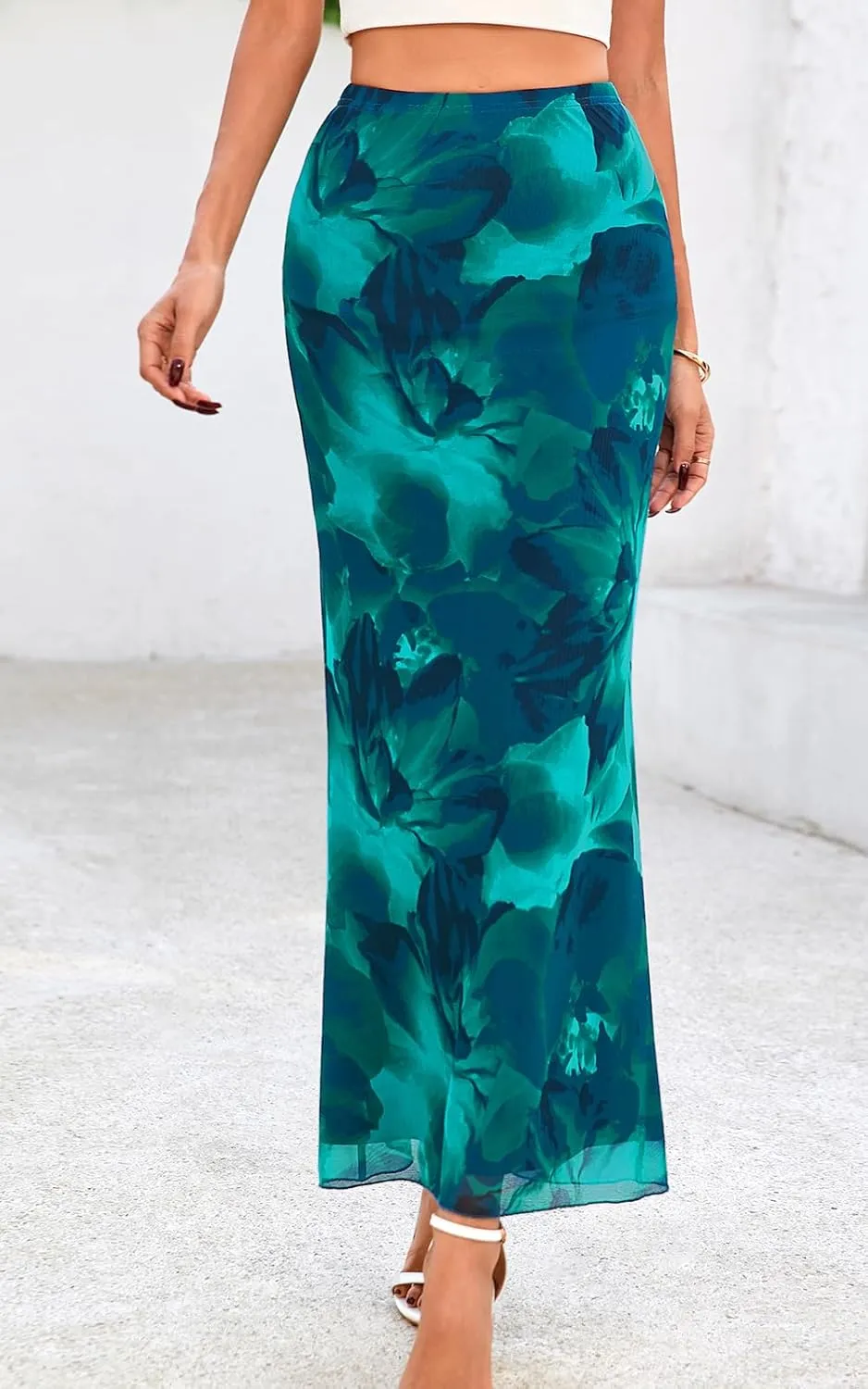 PRETTYGARDEN Women's Floral Print Mesh Long Skirt High Waisted Bodycon Fishtail Flowy Summer Maxi Skirts for Women Trendy