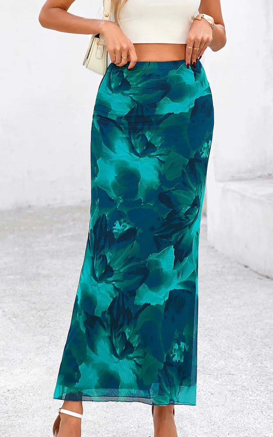 PRETTYGARDEN Women's Floral Print Mesh Long Skirt High Waisted Bodycon Fishtail Flowy Summer Maxi Skirts for Women Trendy