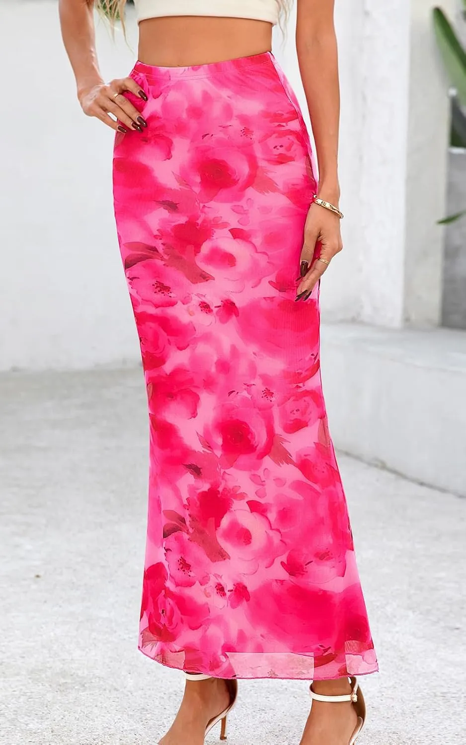 PRETTYGARDEN Women's Floral Print Mesh Long Skirt High Waisted Bodycon Fishtail Flowy Summer Maxi Skirts for Women Trendy