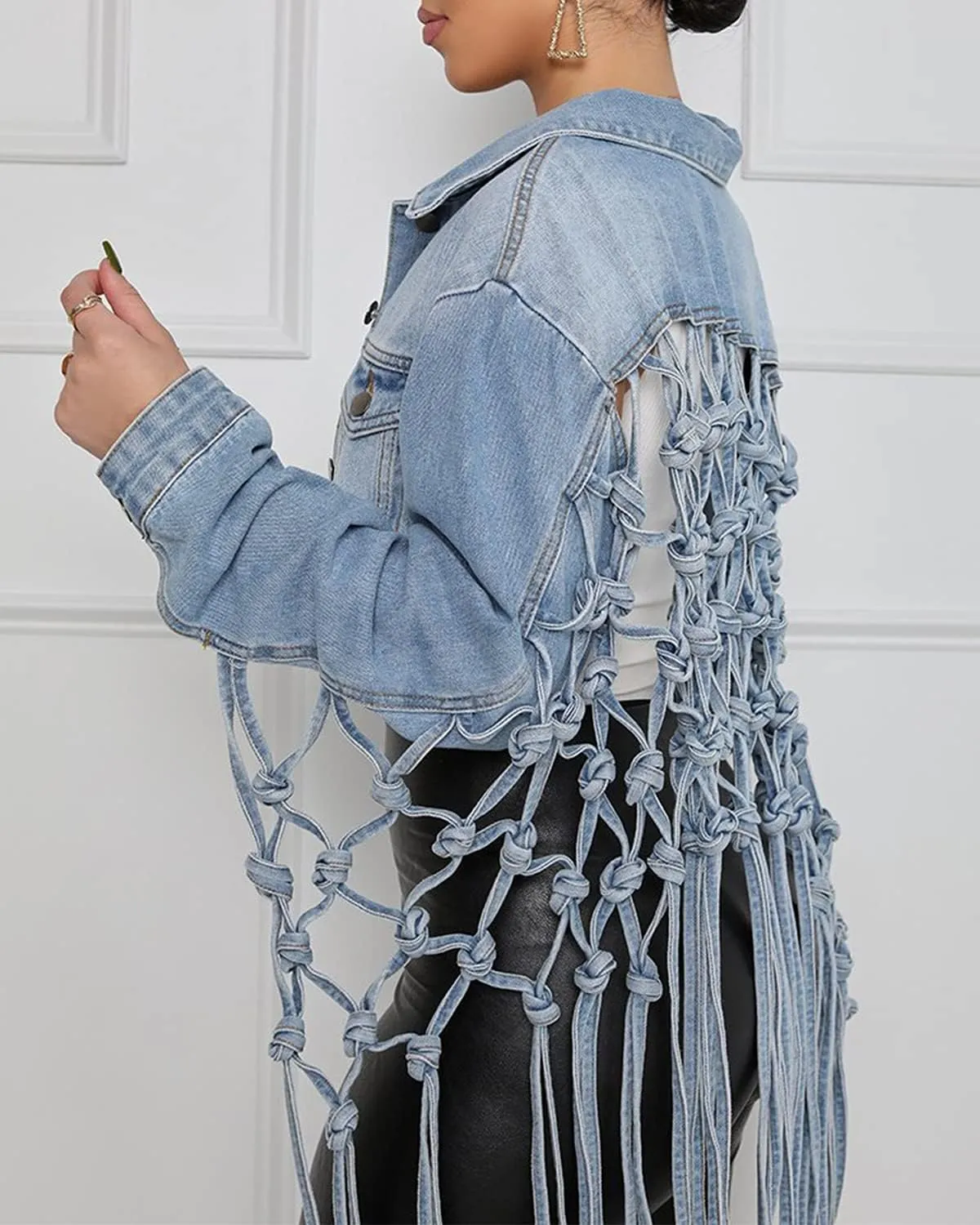RINTONIX Womens Loose Long Fringe Distressed Denim Jacket Cropped Button Down Ripped Back Knotted Jean Coat