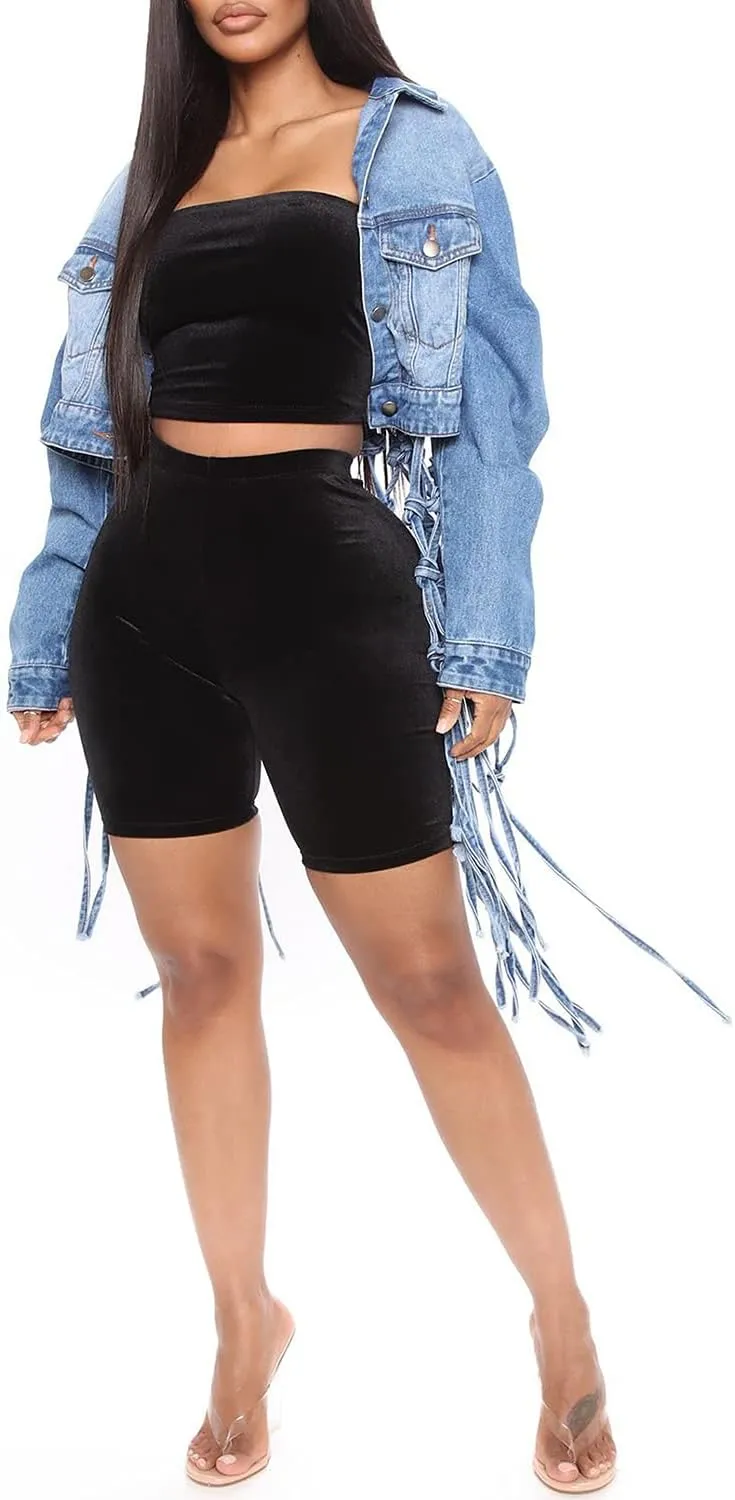 RINTONIX Womens Loose Long Fringe Distressed Denim Jacket Cropped Button Down Ripped Back Knotted Jean Coat
