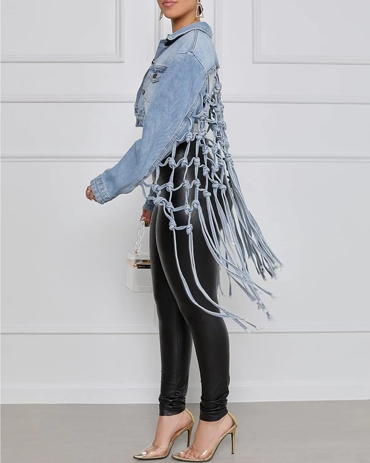 RINTONIX Womens Loose Long Fringe Distressed Denim Jacket Cropped Button Down Ripped Back Knotted Jean Coat