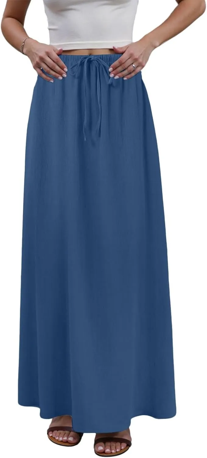 Rvidbe Long Flowy Skirts for Women Summer Fashion Solid Color Drawstring Linen Skirts Casual Sexy Low Waist Boho Beach Skirts