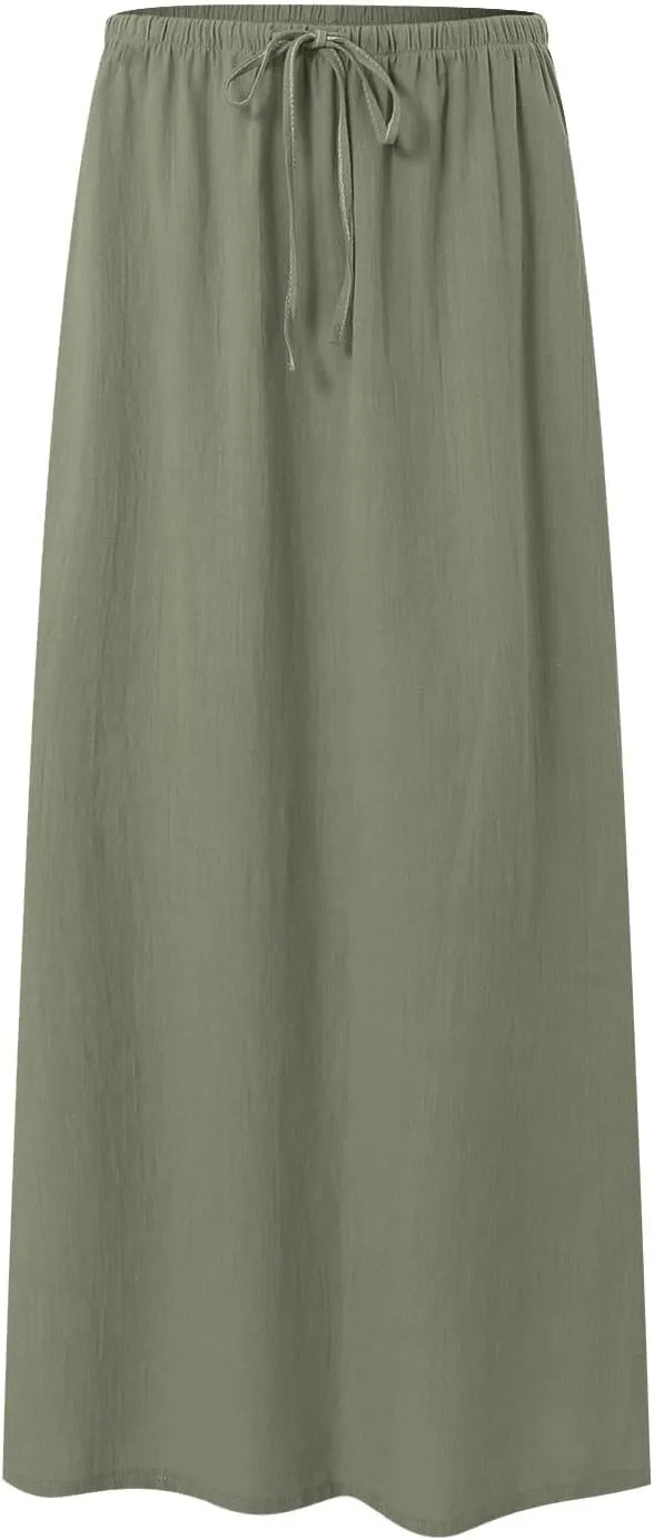 Rvidbe Long Flowy Skirts for Women Summer Fashion Solid Color Drawstring Linen Skirts Casual Sexy Low Waist Boho Beach Skirts