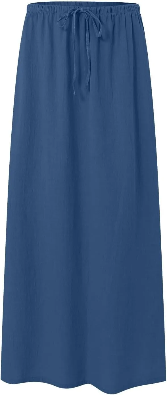Rvidbe Long Flowy Skirts for Women Summer Fashion Solid Color Drawstring Linen Skirts Casual Sexy Low Waist Boho Beach Skirts