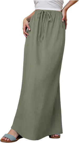 Rvidbe Long Flowy Skirts for Women Summer Fashion Solid Color Drawstring Linen Skirts Casual Sexy Low Waist Boho Beach Skirts