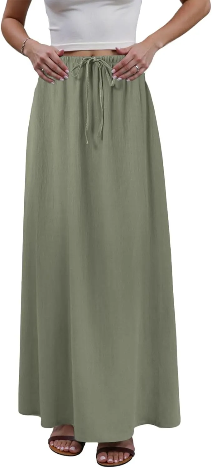Rvidbe Long Flowy Skirts for Women Summer Fashion Solid Color Drawstring Linen Skirts Casual Sexy Low Waist Boho Beach Skirts