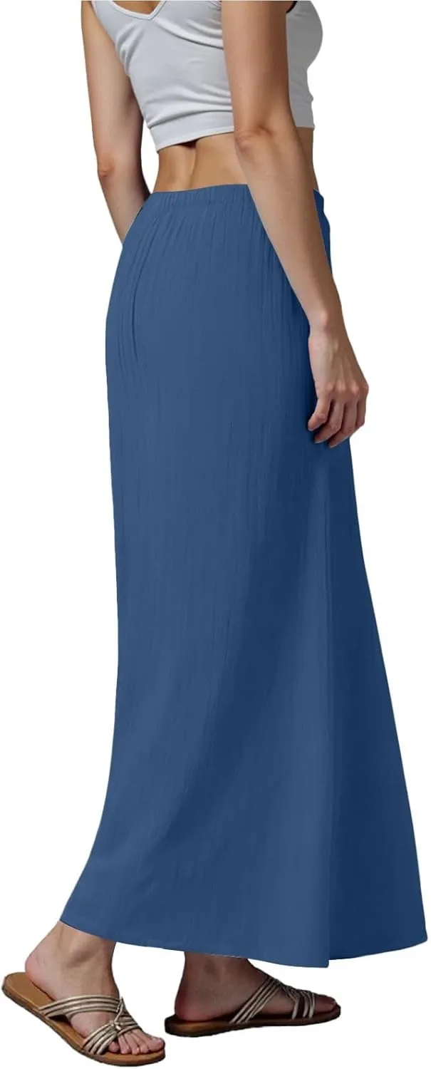 Rvidbe Long Flowy Skirts for Women Summer Fashion Solid Color Drawstring Linen Skirts Casual Sexy Low Waist Boho Beach Skirts