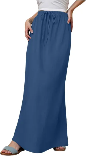 Rvidbe Long Flowy Skirts for Women Summer Fashion Solid Color Drawstring Linen Skirts Casual Sexy Low Waist Boho Beach Skirts