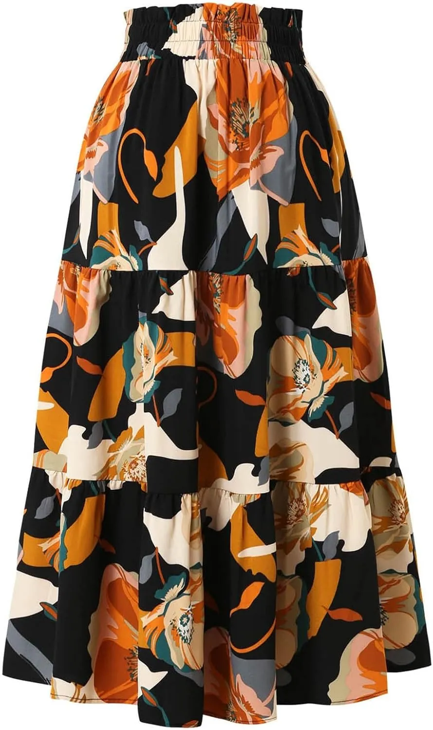 Rvidbe Summer Skirts for Women 2025,Women's Boho Floral Midi Skirt Elastic High Waisted Swing A-Line Tiered Beach Long Skirts