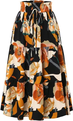 Rvidbe Summer Skirts for Women 2025,Women's Boho Floral Midi Skirt Elastic High Waisted Swing A-Line Tiered Beach Long Skirts