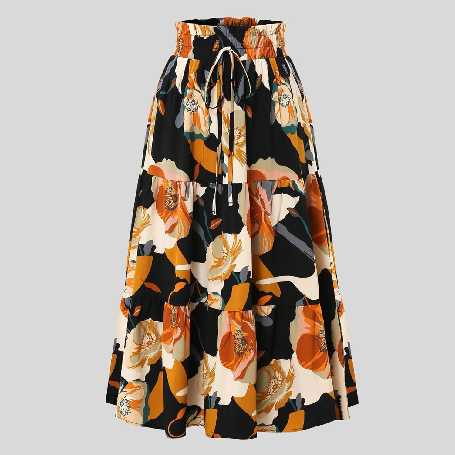 Rvidbe Summer Skirts for Women 2025,Women's Boho Floral Midi Skirt Elastic High Waisted Swing A-Line Tiered Beach Long Skirts