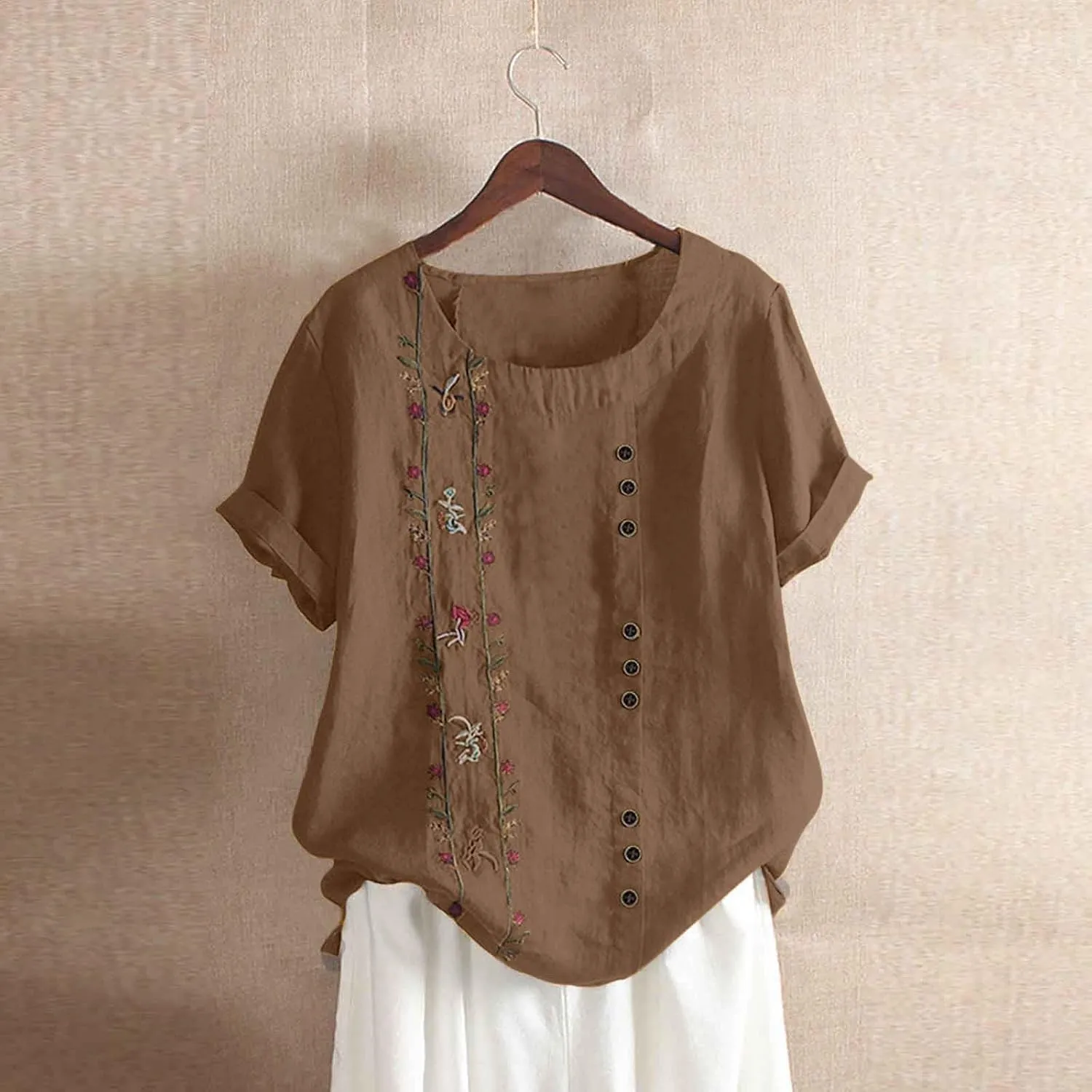 Shirts for Women Graphic Tees Cotton Linen Plus Size Tops Short Sleeve Button Down Blouses Summer Casual Shirts 2025