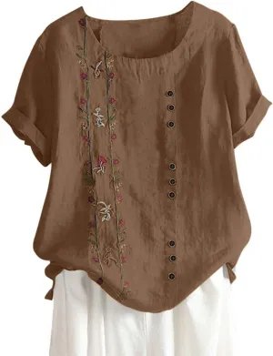 Shirts for Women Graphic Tees Cotton Linen Plus Size Tops Short Sleeve Button Down Blouses Summer Casual Shirts 2025