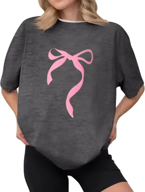 Short Sleeve Shirts for Women,2025 Summer Cute Trendy Pink Bow Print Going Out Tops,Casual Loose Crewneck Y2K Tees