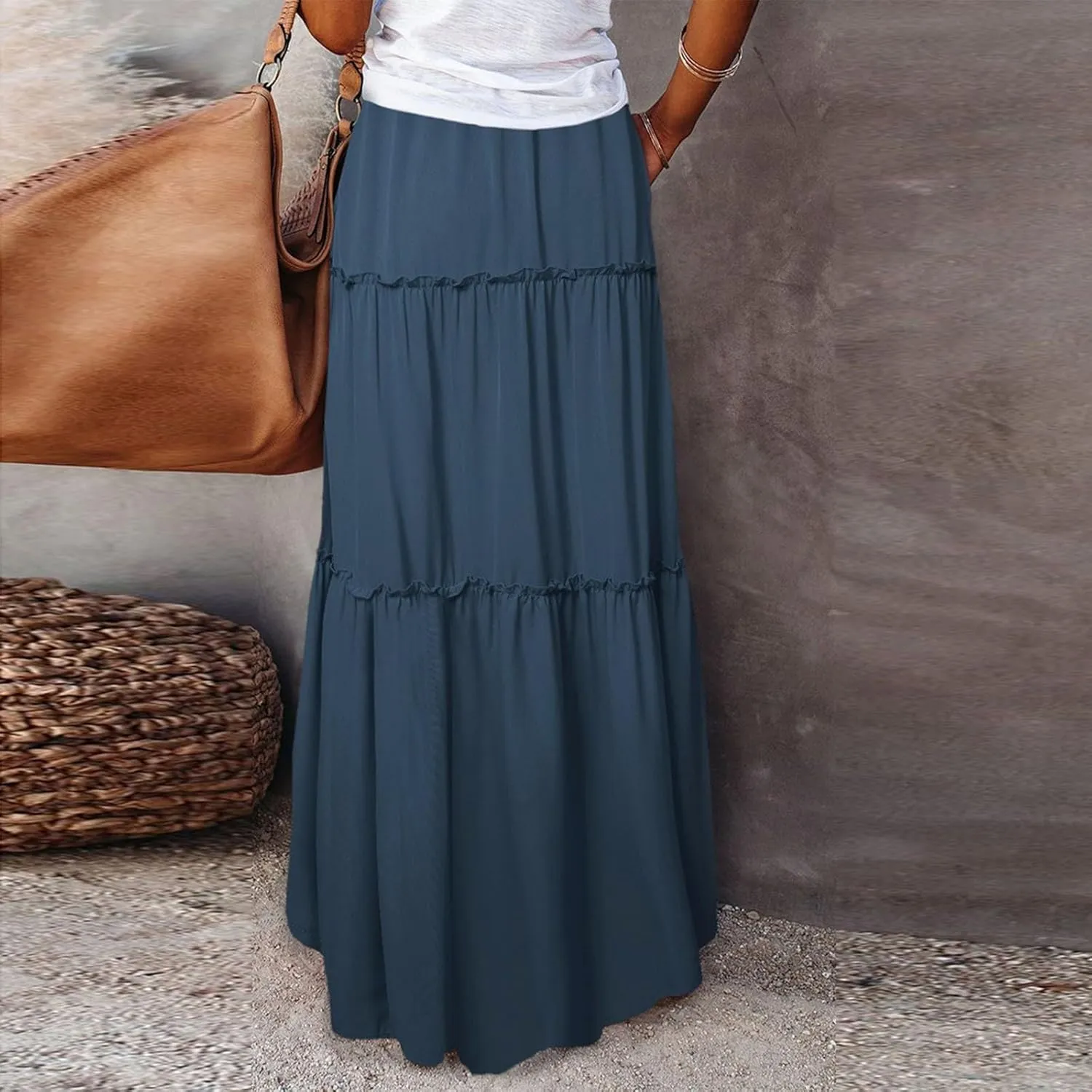 Silk Maxi Skirts for Women Long Tiered Elastic High Waisted Skirts Drawstring Pleated Dance Flowy Skirt with Pockets